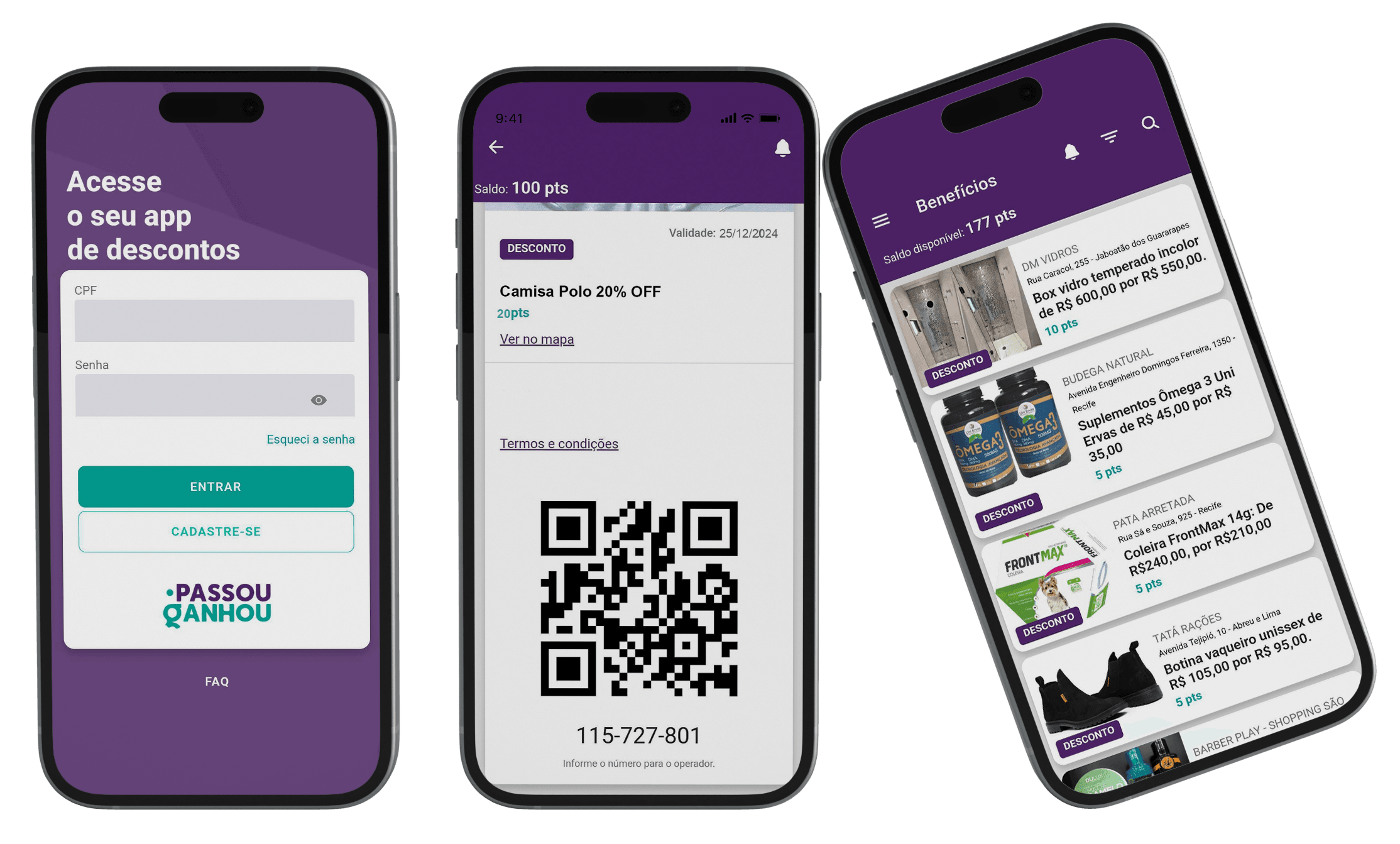 App Passou Ganhou sendo exibido em um smartphone, mostrando a interface do aplicativo