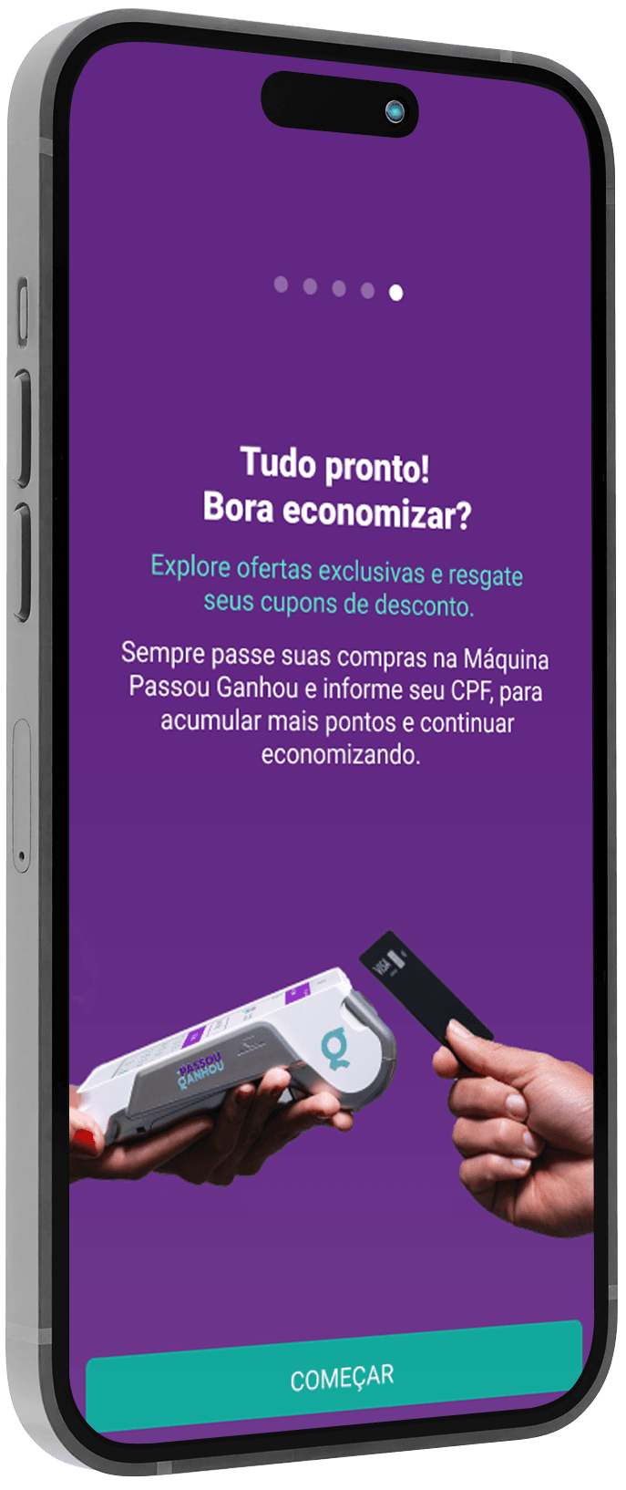 Demonstração visual do aplicativo Passou Ganhou em um iPhone, mostrando a interface de uso dos cupons